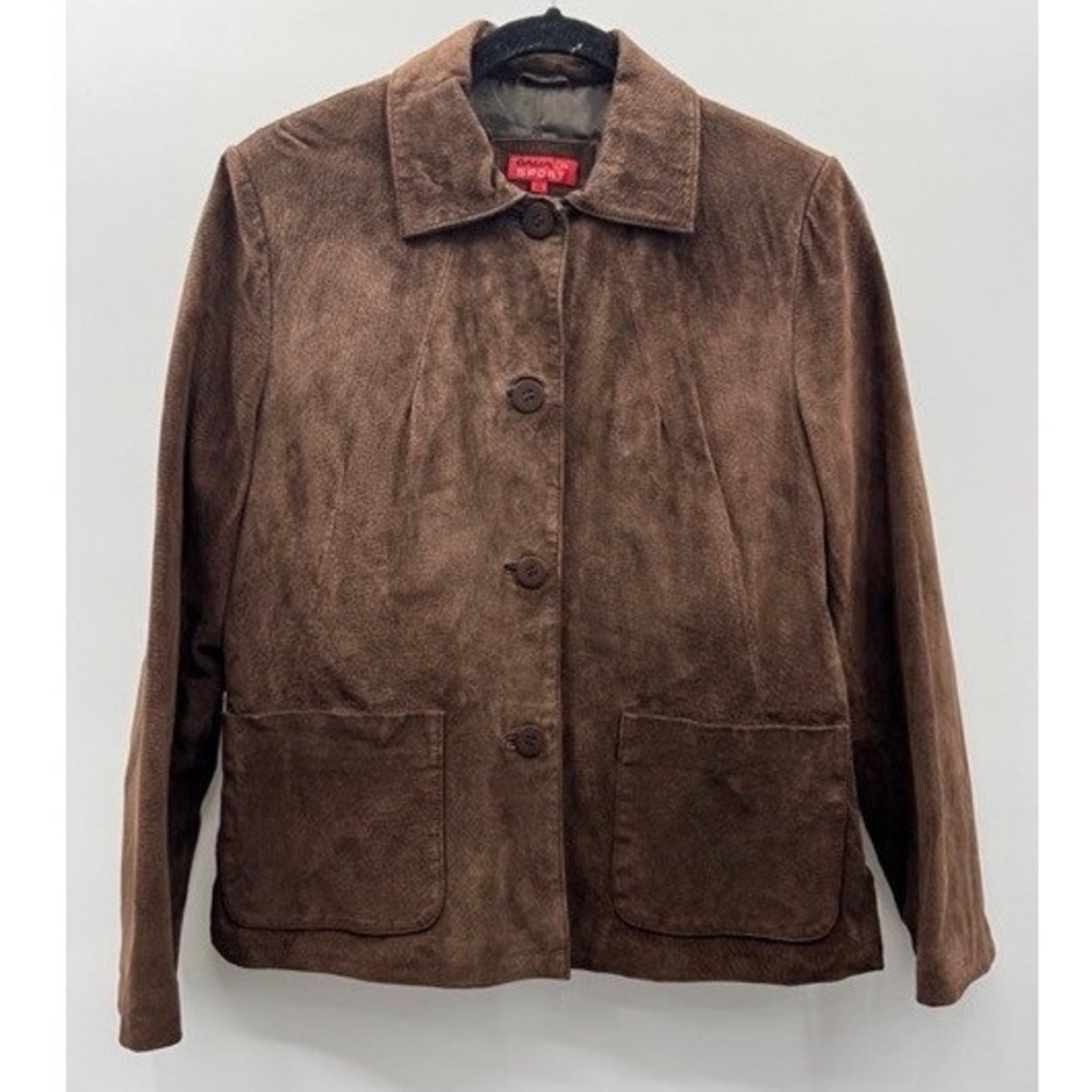 Vintage Womens Dalia Sport Brown Suede Leather Button Jacket 10P Minimalist Y2k